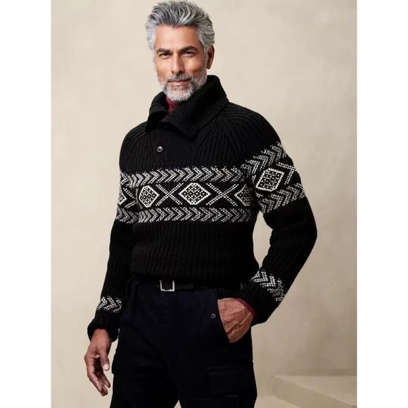 Banana Republic Sweater Mens XL Black Arran Fair Isle Wool Blend Chunky - Picture 2 of 12